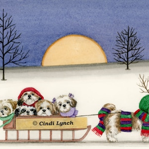 Shih-tzu family goes for holiday sled ride / Lynch signed folk art print