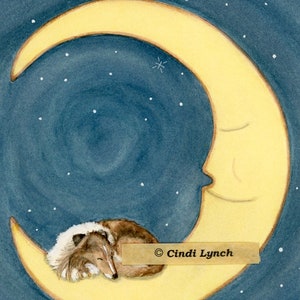LARGER Rough collie sleeping on the moon / Lynch signed folk art print