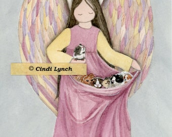 Angel cradles a gown full of guinea pigs / Lynch signed folk art print