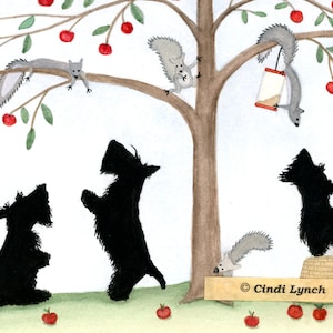 Scotties (scottish terriers) knock over apple basket in pursuit of squirrels / Lynch signed folk art print