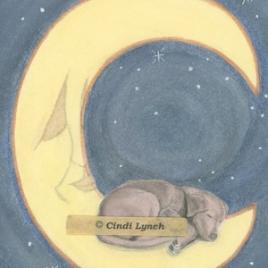 Silver labrador (lab) retriever sleeping on moon / Lynch signed folk art print
