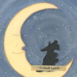 Scottish terrier (scottie) sits howling on the moon / Lynch signed folk art print