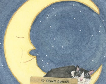 Tuxedo cat (tux cat) takes a nap on the moon / Lynch signed folk art print