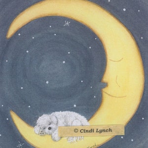 Bichon frise sleeping on the moon / Lynch signed folk art print