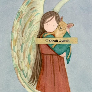 Chihuahua (tan / fawn) with angel / Lynch signed folk art print Pet Loss Memorial Remembrance Guardian Angel Gift