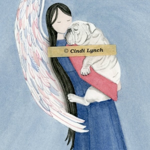 White bulldog cradled by angel / Lynch signed folk art print Pet Loss Memorial Remembrance Guardian Angel Gift