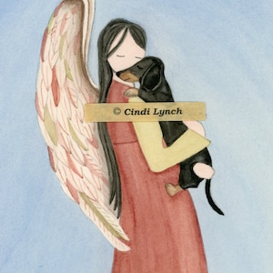 Black shorthaired dachshund with Angel (profile) / Lynch signed folk art print (Weiner / Wiener Doxie) Pet Loss Memorial Remembrance