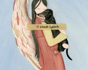 Black shorthaired dachshund with Angel (profile) / Lynch signed folk art print (Weiner / Wiener Doxie)