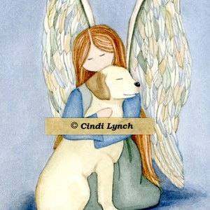 &quot;Kunstdruck gelber Labrador (Labrador Retriever) und Engel &quot;&quot;Lynch&quot;&quot; signiert.&quot;
