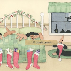 12 cartões de Natal: família Dachshund (doxie) de olho no Papai Noel na véspera de Natal / Arte popular de Lynch