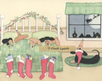 12 Christmas cards: Dachshund (doxie) family keeping eye out for Santa on Christmas Eve / Lynch folk art