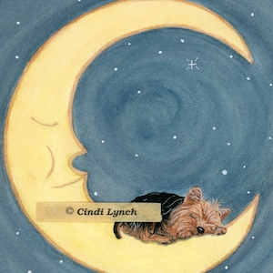 Yorkshire terrier (yorkie) sleeping on the moon / Lynch signed folk art print