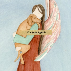 Vizsla cradled by angel  / Lynch signed folk art print Pet Loss Memorial Remembrance Guardian Angel Gift