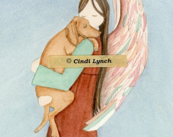 Vizsla cradled by angel  / Lynch signed folk art print Pet Loss Memorial Remembrance Guardian Angel Gift