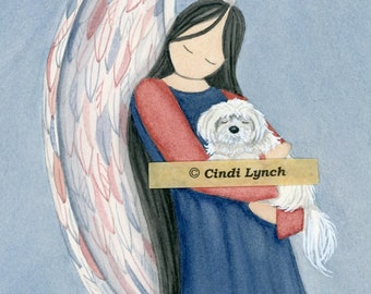 Maltese cradled by angel / Lynch signed folk art print Pet Loss Memorial Remembrance Guardian Angel Gift