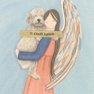 Golden doodle (goldendoodle) (profile) cradled by angel / Lynch signed folk art print Pet Loss Memorial Remembrance Guardian Angel Gift