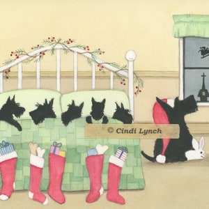 Cartões de Natal: Família Scottish Terrier (Scottie) de olho no Papai Noel na véspera de Natal / Arte popular de Lynch