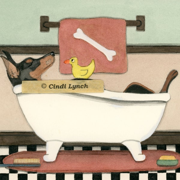 Doberman pinscher (dobi) fills a tub at bath time / Lynch signed folk art print