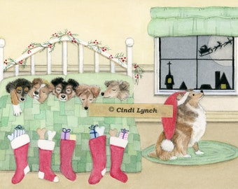 Christmas cards: Shetland sheepdog (sheltie) family waits for Santa on Xmas eve / Lynch folk art