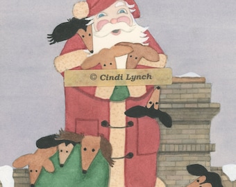 Christmas cards: Dachshunds (doxies) keep Santa company on his rounds / Lynch folk art