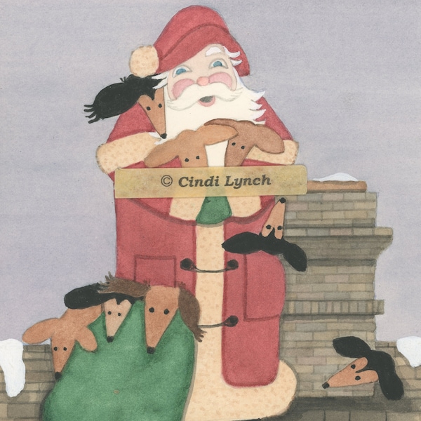 Christmas cards: Dachshunds (doxies) keep Santa company on his rounds / Lynch folk art