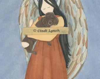 Chocolate/Brown Poodle cradled by angel / Lynch signed folk art print