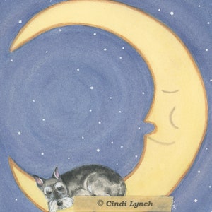 Miniature schnauzer sleeping on moon (cropped ears) / Lynch signed folk art print