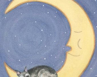 Miniature schnauzer sleeping on moon (cropped ears) / Lynch signed folk art print