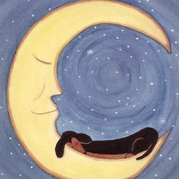 Black Dachshund on the Moon / Lynch signed folk art print Weiner/Wiener Doxie Dog Art