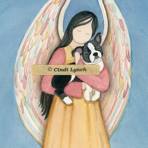 Black Boston Terrier cradled by angel / Lynch signed folk art print Pet Loss Memorial Remembrance Guardian Angel Gift