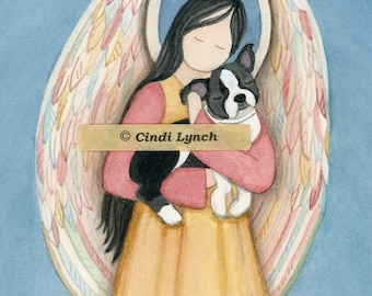 Black Boston Terrier cradled by angel / Lynch signed folk art print Pet Loss Memorial Remembrance Guardian Angel Gift