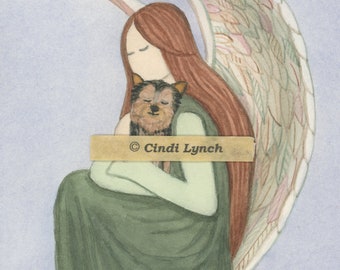 Yorkshire Terrier (yorkie) with angel / Lynch signed folk art print
