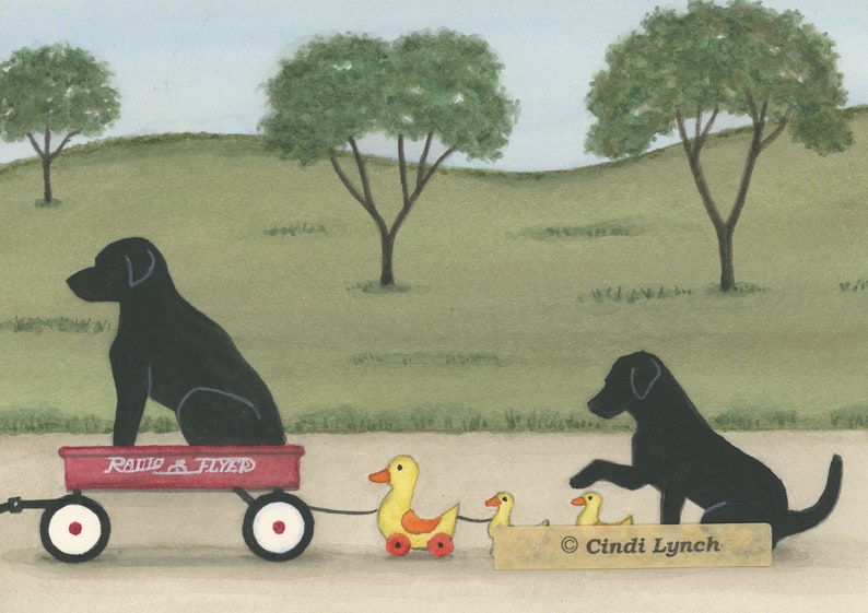 Black Lab /labrador Retriever Family Taking Ride in Wagon (with Ducks ...
