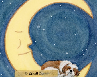 Darker brown and white shih-tzu (shihtzu) sleeping on the moon / Lynch signed folk art print