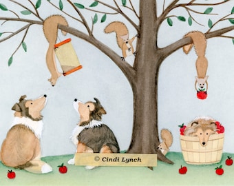 Shelties (shetland sheepdogs) baffled by tree full of squirrels / Lynch signed folk art print