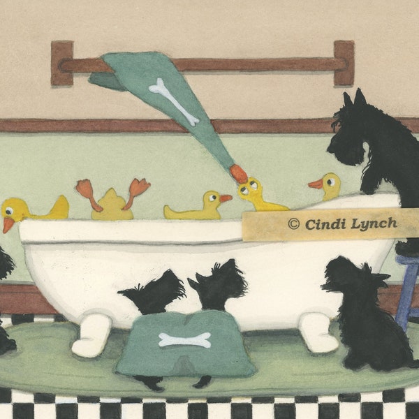 Terriers écossais (scotties) à la recherche de canards à l’heure du bain / Lynch a signé une impression d’art populaire