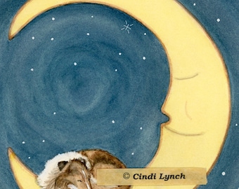Puede incluir: Una pintura de acuarela de un perro marrón y blanco durmiendo en una luna creciente amarilla contra un cielo nocturno azul oscuro estrellado. El texto "Cindi Lynch" está en la esquina inferior derecha de la imagen.