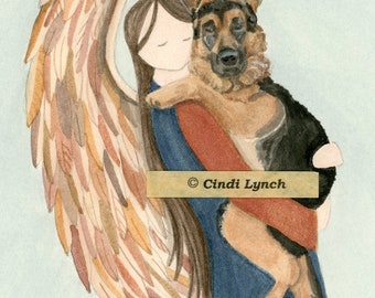 LARGER German Shepherd cradled by  angel (profile) / Lynch signed folk art print