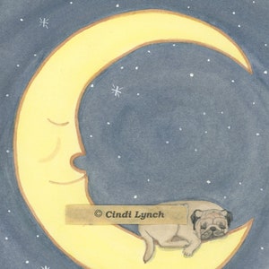 Pug dog sleeping on moon / Lynch signed folk art print