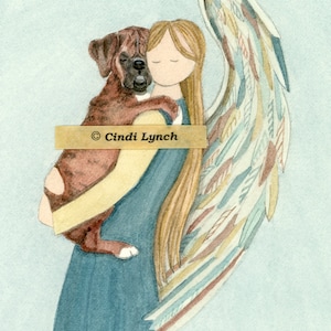 Brindle boxer (profile) cradled by angel / Lynch signed folk art print Pet Loss Memorial Remembrance Guardian Angel Gift