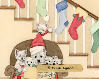 West highland terriers (westies) share Christmas Eve bedtime story / Lynch signed folk art print