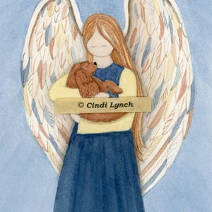 May include: A watercolor painting of an angel with wings made of feathers in shades of brown, yellow, and blue. The angel is holding a brown dog in her arms. The painting is signed "Cindi Lynch".