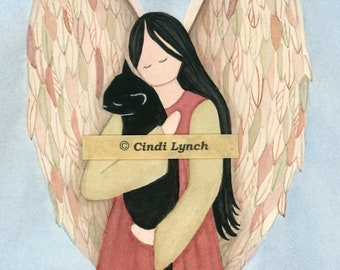 Black cat cradled by angel / Lynch signed folk art print Pet Loss Memorial Remembrance Guardian Angel Gift