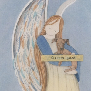 Pinscher miniatura rojo (min pin) con ángel / Lámina de arte popular firmada por Lynch, recuerdo de la pérdida de una mascota, regalo de ángel de la guarda