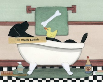 May include: A black Labrador dog is taking a bath in a white bathtub. The dog is lying on its back with its head resting on the edge of the tub. There is a yellow rubber ducky floating in the water. The bathroom has a green towel with a white bone on it hanging on the wall. There is a bottle of shampoo and a brush on the floor. The caption on the image reads "Cindi Lynch".