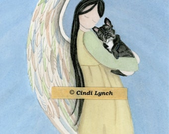 Black French bulldog cradled by angel / Lynch signed folk art print Pet Loss Memorial Remembrance Guardian Angel Gift
