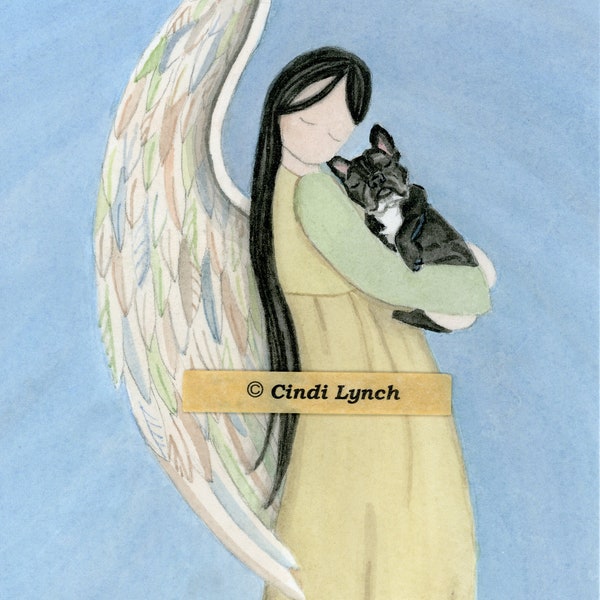 Black French bulldog cradled by angel / Lynch signed folk art print