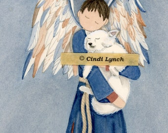 Esquimau américain (eskie) bercé par un ange garçon / Lynch signé impression d'art populaire