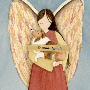 Shetland sheepdog (sheltie) in angel's arms / Lynch signed folk art print