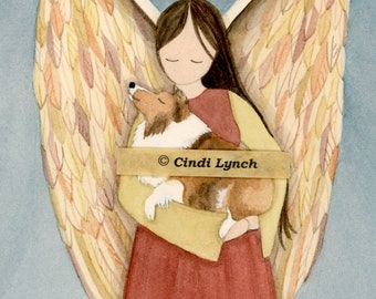 Shetland sheepdog (sheltie) in angel's arms / Lynch signed folk art print